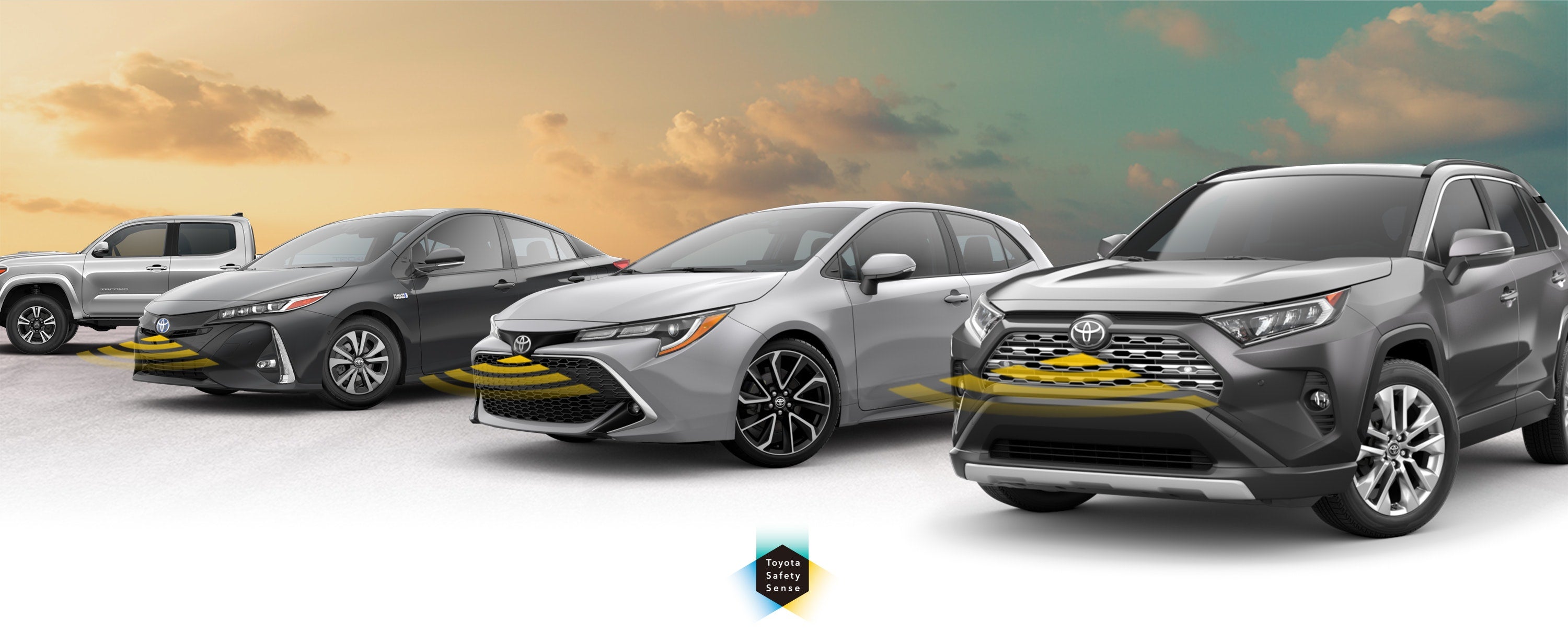 Toyota Safety Sense: Designed for Safety. Options shown on Toyota models including RAV4, Tacoma, and Camry, available now at Bob Johnson Toyota in Rochester NY.