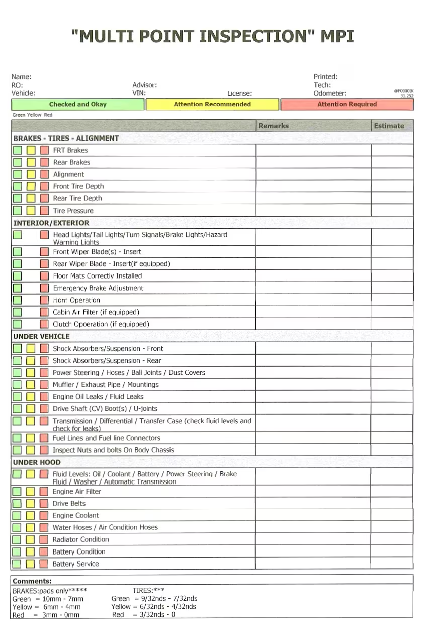 A multi-point inspection form showing inspection categories such as brakes, interior, under vehicle, and under hood with status checkboxes